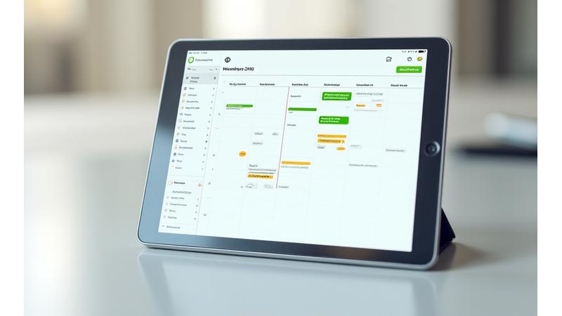 Um calendário digital elegante mostrando vários eventos e prazos marcados em verde claro, simbolizando oportunidades de grants. Há ícones de notificação e um cursor em uma data importante.