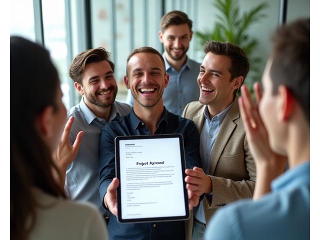 Uma equipe de pessoas diversas e sorridentes celebrando a aprovação de um grande projeto, com documentos de um grant em destaque e um laptop com gráficos de sucesso. Transmite confiança e realização.