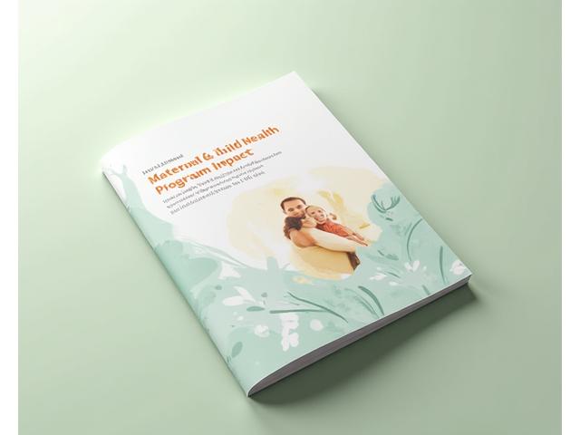 Capa de um relatório de impacto em saúde materna, mostrando uma mãe e seu bebê com cores suaves e um símbolo de coração.