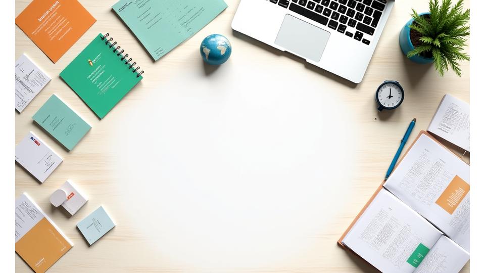 Visão aérea de uma mesa com documentos, um laptop exibindo um gráfico e mãos de participantes de um curso interagindo com materiais de estudo, simbolizando o currículo abrangente.
