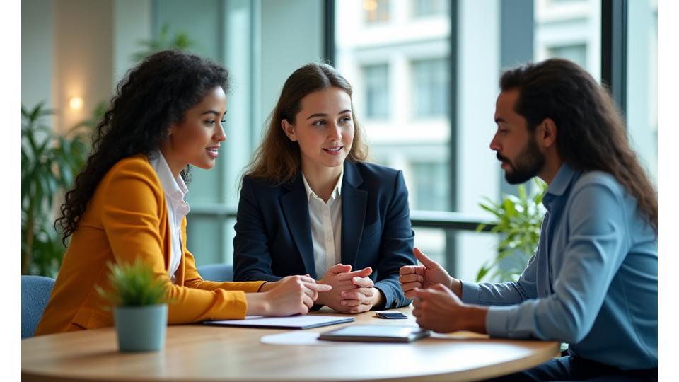 Membros da equipe da Zentori Sustentável discutindo os diferentes formatos de treinamento com uma organização parceira, em um ambiente colaborativo e moderno.