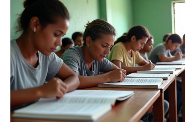 Um grupo de adultos de diferentes idades e etnias, incluindo um agricultor e uma trabalhadora doméstica, concentrados em学び学び (aprender a ler) com um professor em uma sala de aula comunitária simples, cheia de luz natural.