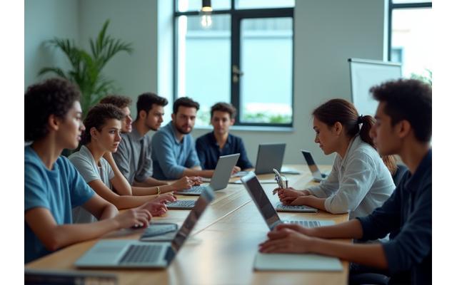 Jovens e adultos em uma sala de aula moderna, utilizando laptops e interagindo com o professor, simbolizando a Educação de Jovens e Adultos (EJA) focada na conclusão do ensino formal e reinserção social.