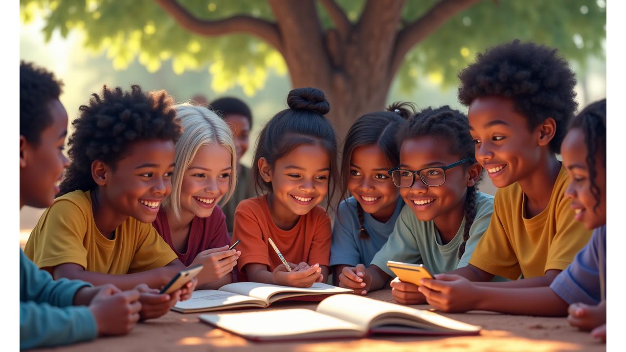 Crianças e adultos de diferentes idades e etnias sorrindo e aprendendo juntos em uma sala de aula comunitária ao ar livre, com livros e tablets, simbolizando uma jornada educacional inclusiva.