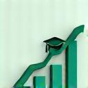 Ícone moderno e minimalista representando gráfico de crescimento com um chapéu de formatura em cima, simbolizando avaliação de resultados de aprendizagem e sucesso educacional.