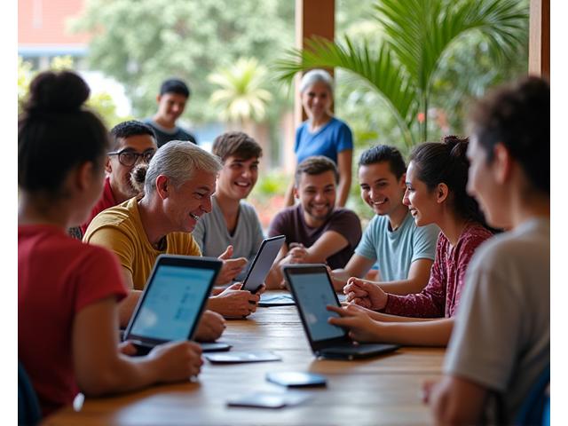 Uma cena vibrante mostrando um espaço comum em uma comunidade, onde jovens voluntários ensinam idosos e outros adultos a usar tablets e notebooks. Fundo com uma rede Wi-Fi visível e pessoas engajadas na criação de conteúdo digital, simbolizando um 'laboratório de aprendizado móvel'.