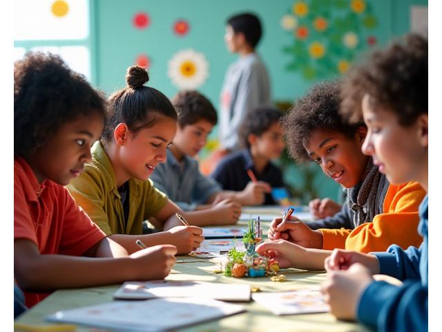Um grupo diverso de jovens e adultos engajados em uma atividade de aprendizado baseada em projetos, utilizando materiais recicláveis para construir uma maquete que resolve um problema comunitário, com tablets e um quadro interativo ao fundo, simbolizando a integração de tecnologia e arte no ensino.