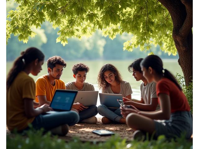 Jovens brasileiros de diferentes origens étnicas e sociais em uma aula de programação ao ar livre, usando laptops em meio à natureza, unindo tecnologia e sustentabilidade para ODS 4 (Educação de Qualidade).