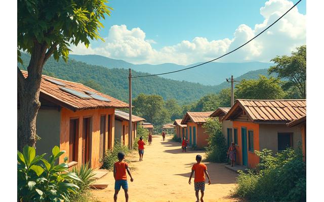 Imagem que representa ODS 1: Erradicação da Pobreza, mostrando uma vila rural prosperando com energia solar e água potável, crianças brincando, sinal de melhoria de vida.