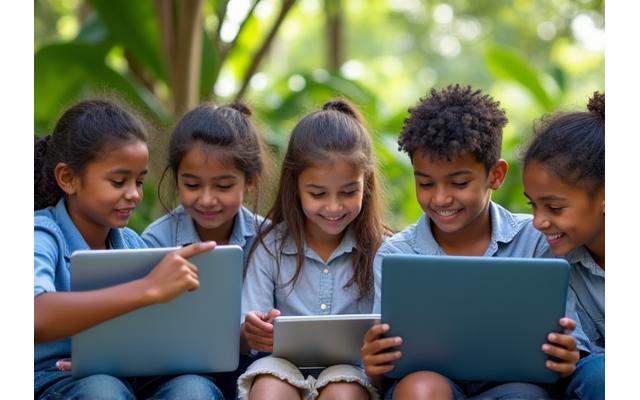 Crianças brasileiras de diversas etnias sorrindo e interagindo com tablets em uma sala de aula moderna em uma comunidade remota, simbolizando acesso à educação de qualidade.