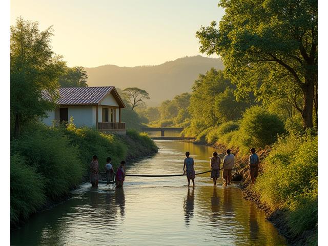 Comunidade ribeirinha brasileira com sistema de purificação de água movido a energia solar, famílias utilizando a água, mostrando ODS 6 (Água Potável e Saneamento) e inovação.