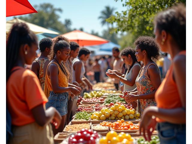 Feira de economia solidária em uma comunidade brasileira vibrante, com pessoas comercializando produtos artesanais e alimentos orgânicos. Foco em empoderamento econômico e ODS 8 (Trabalho Decente e Crescimento Econômico).