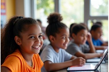 Jovens e crianças sorrindo e usando tablets em uma sala de aula moderna e inclusiva, focada em educação digital.