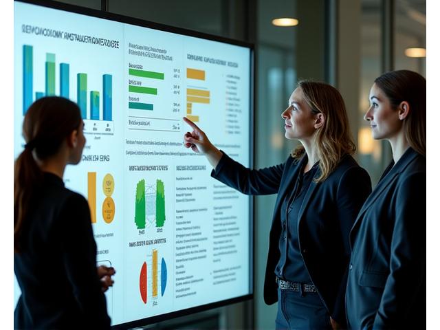 Mulher profissional em ambiente corporativo moderno apontando para um gráfico digital interativo com métricas ESG (Environmental, Social, Governance).