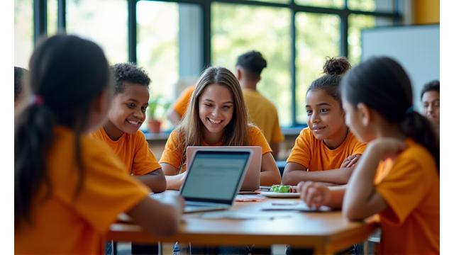 Grupo de crianças e adolescentes engajados em uma sala de aula moderna e colorida, com um professor interagindo ativamente, simbolizando o sucesso de um programa educacional subsidiado.