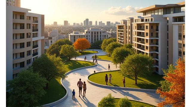 Vista aérea de um novo conjunto habitacional popular em São Paulo, com pessoas sorrindo e crianças brincando na área comum, simbolizando a realização do sonho da casa própria.
