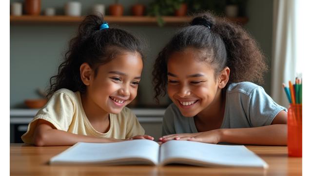 Uma mãe jovem e sua filha sorrindo, sentadas em uma mesa lendo um livro em um ambiente doméstico simples e acolhedor, representando o impacto positivo de programas de transferência de renda.