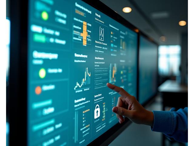 Interface de dashboard digital exibindo gráficos e métricas de conformidade em tempo real, com dados de auditoria e relatórios de prestação de contas.