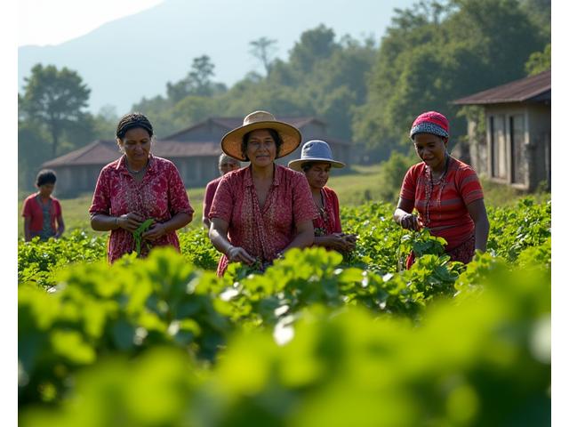 Mulheres quilombolas colhendo frutos de uma plantação sustentável, com a comunidade ao fundo.