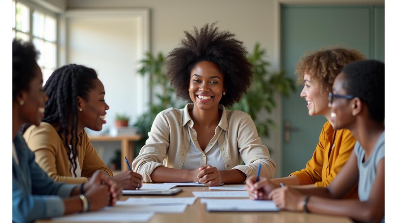 Mulher negra sorrindo, liderando uma reunião comunitária, cercada por pessoas diversas engajadas. Ambiente vibrante e colaborativo.