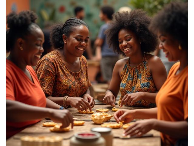 Pessoas participando de um workshop de culinária afro-brasileira, com alegria e aprendizado coletivo.