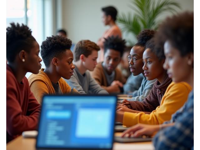 Grupo de jovens de diversas etnias em uma oficina de programação, com foco e entusiasmo.