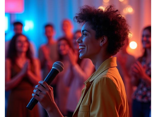 Jovem LGBTQI+ performando em um palco comunitário com um microfone, expressando-se livremente.