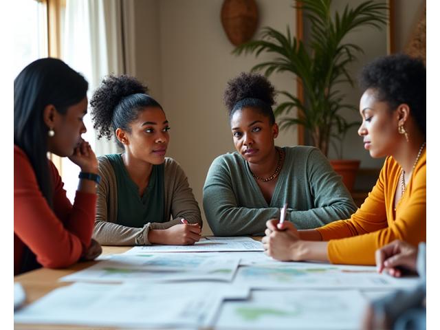 Mulheres negras em uma reunião de liderança comunitária, trabalhando em planos e mostrando cooperação.