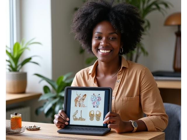 Mulher negra empreendedora com um laptop, sorrindo e apresentando um produto artesanal.