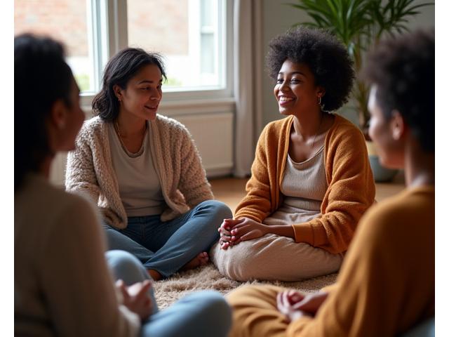 Mulher em um grupo de apoio, discutindo e mostrando resiliência. Ambiente acolhedor e sororidade.