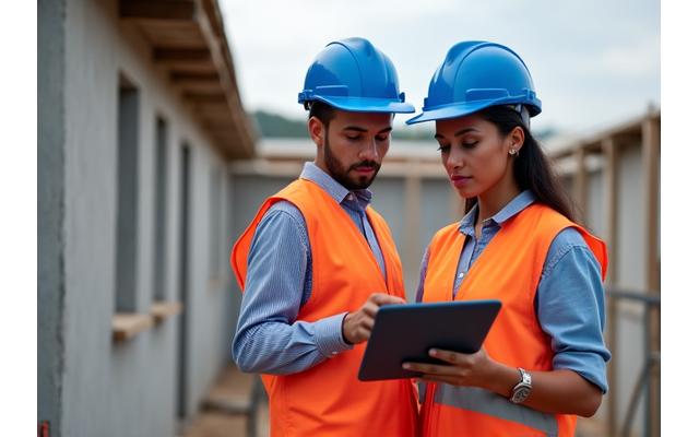 Engenheiro e auditor inspecionando obra de habitação social