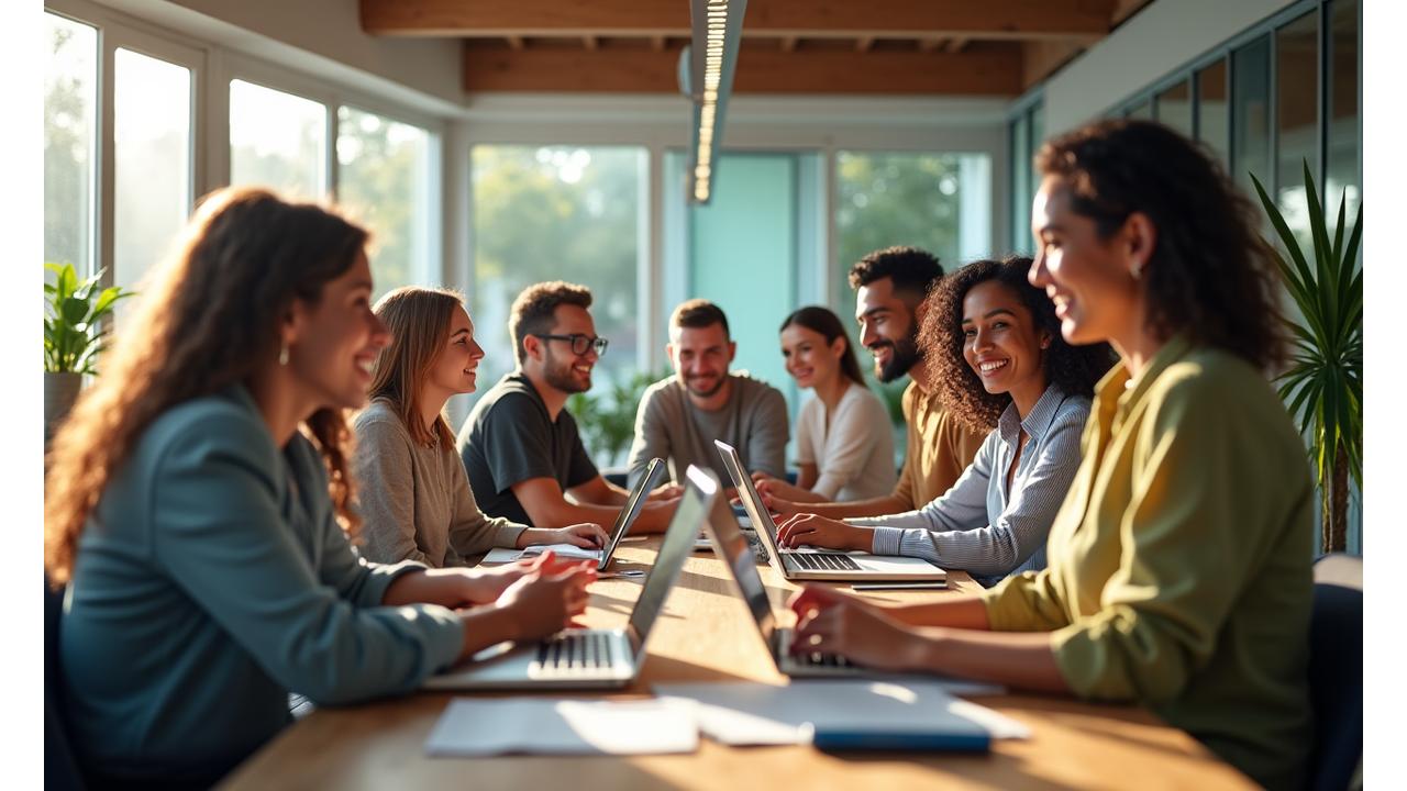 Membros da equipe da Zentori Sustentável trabalhando em um refeitório moderno e colaborativo, sorrindo e interagindo de forma positiva.