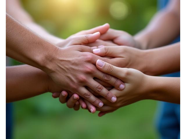 Mãos de várias pessoas, de diferentes origens, se unindo em um gesto de apoio e colaboração, com um fundo verde suave.