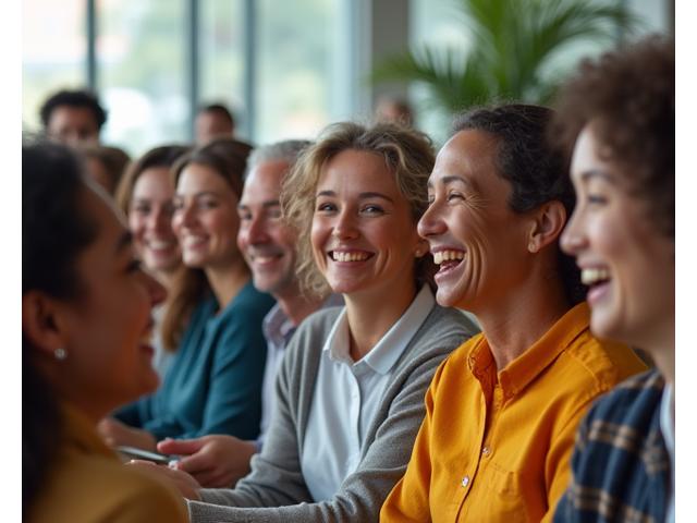 Um grupo multifacetado de pessoas sorrindo e colaborando, com diferentes etnias, idades e habilidades, em um ambiente de trabalho inclusivo. Cores vibrantes dominam a cena.