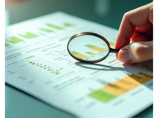 Uma mão segurando uma lupa sobre um documento financeiro limpo e organizado, simbolizando transparência e auditoria. As cores predominantes são os verdes da Zentori.