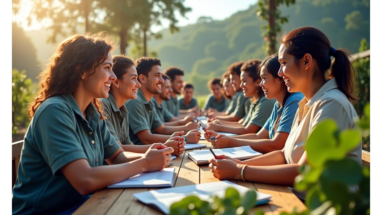 Uma montagem de membros da equipe da Zentori Sustentável interagindo com comunidades em diferentes projetos sociais, com foco em desenvolvimento sustentável e educação.