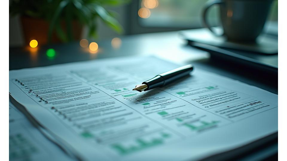 Representação visual de um acordo de serviço com documentos, canetas e elementos de rede interconectados, simbolizando termos claros e colaboração.